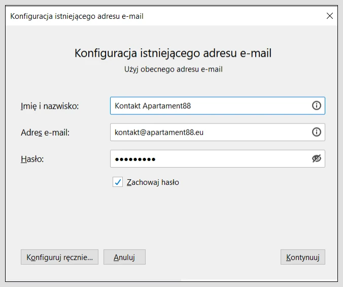 Wybranie z menu Thunderbid Konfiguracji istniejącego konta email