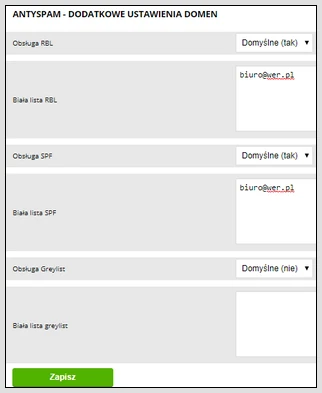 Uruchomienie modułów RBL, SPF, Greylis dla ustawień antyspamowych