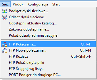 Wybór połączenia FTP w menu TotalCommander