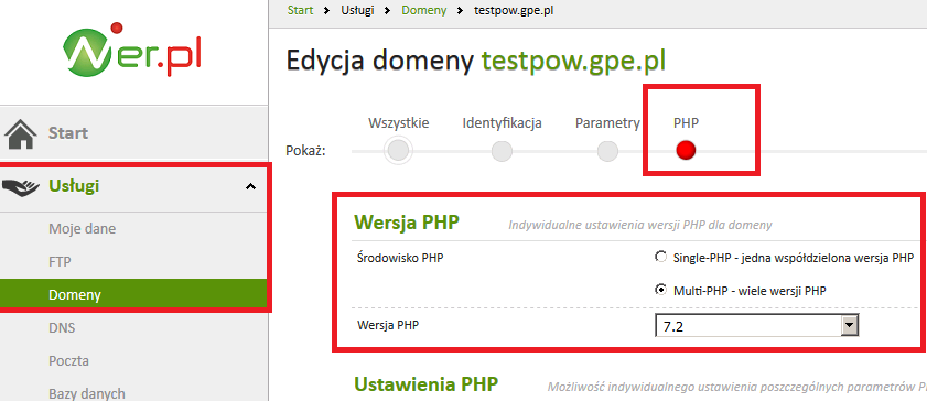 Ustawianie wersji php w Webas