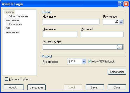 Główne okno połączenia FTP programu WinSCP