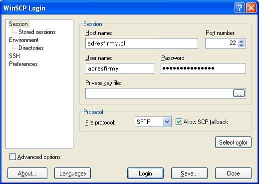 Połączenia z FTP za pośrednictwem WinSCP